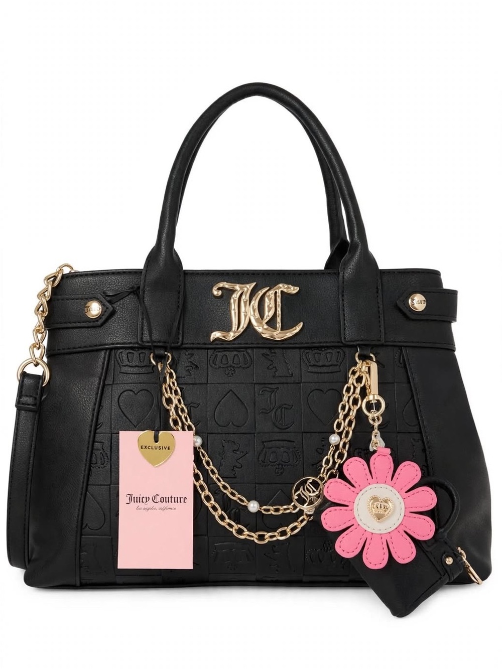 Juicy Couture Black Satchel with Pink Flower Charm and Gold Chain